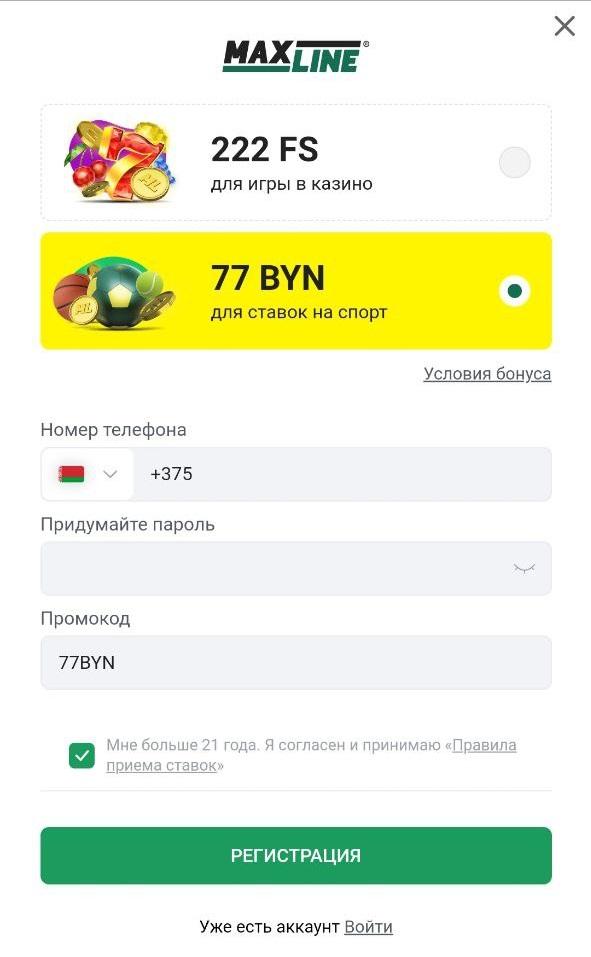 Форма регистрации на мобильном сайте maxline.by