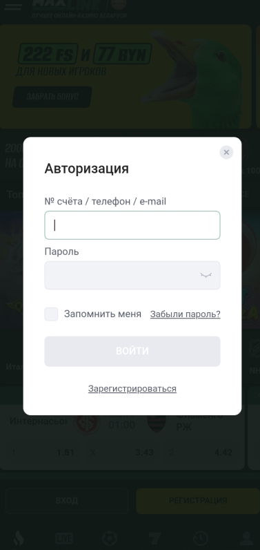 Форма для авторизации в мобильном приложении букмекерской конторы Макслайн для Android